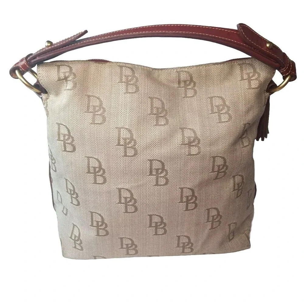 Dooney & Bourke Brown Signature Hobo Canvas Shoulder Bag Leather Trim